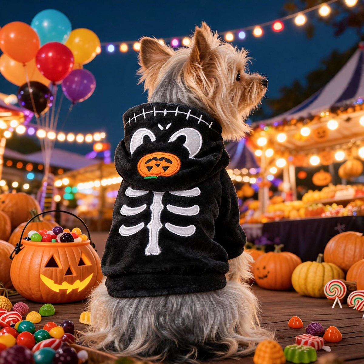 Détail de l'imprimé squelette sur le sweat pour chien et chat
