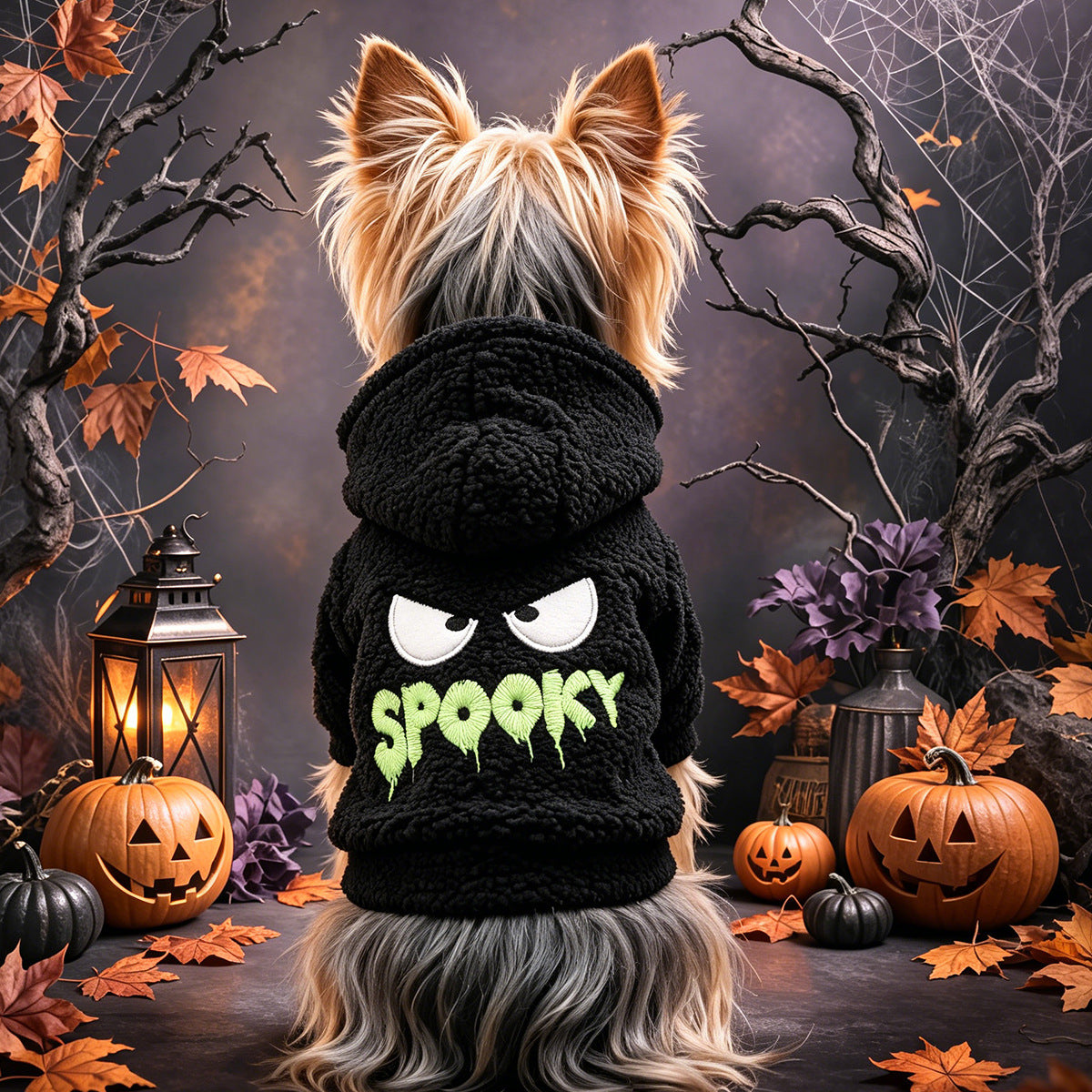 Sweat Halloween Spooky pour petit chien porté de face