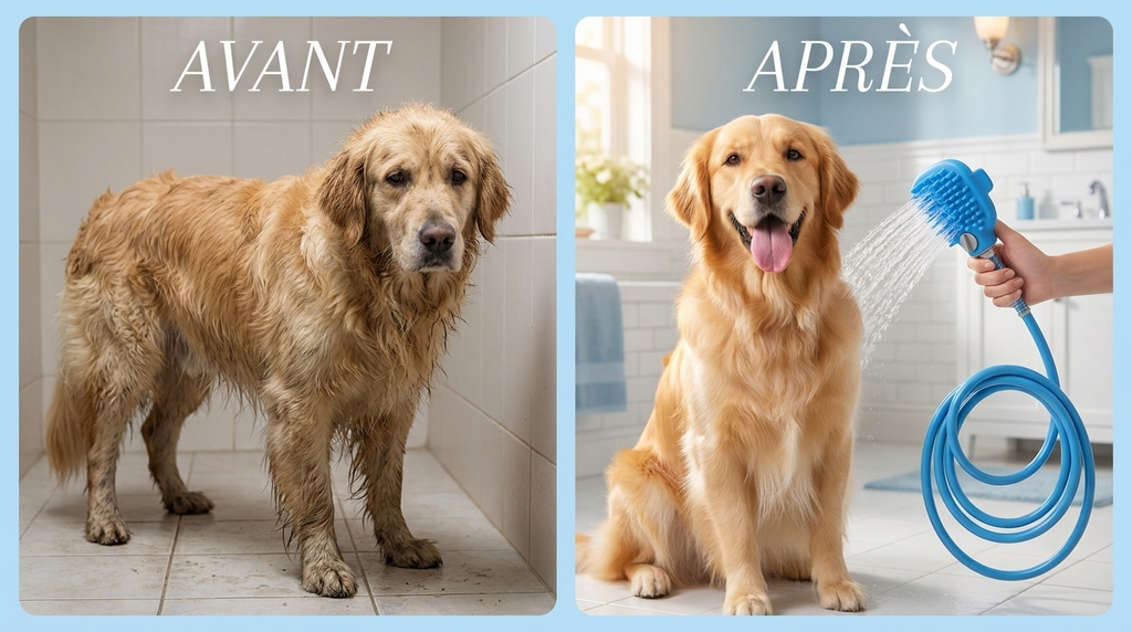 Avant / après : chien sale et fatigué transformé en chien propre et heureux grâce à la brosse-douchette de bain Maskota