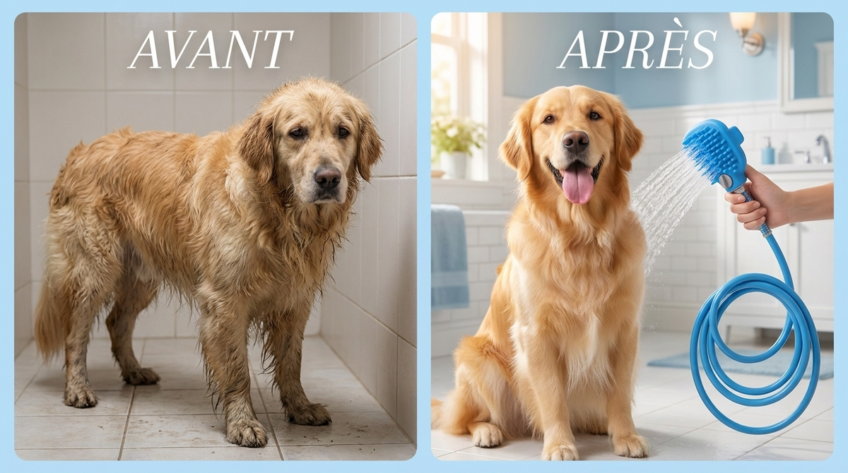 Avant / après : chien sale et fatigué transformé en chien propre et heureux grâce à la brosse-douchette de bain Maskota