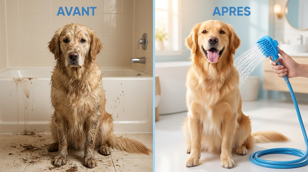 Avant / après : résultat visible sur le pelage du chien après utilisation de la brosse-douchette de bain Maskota
