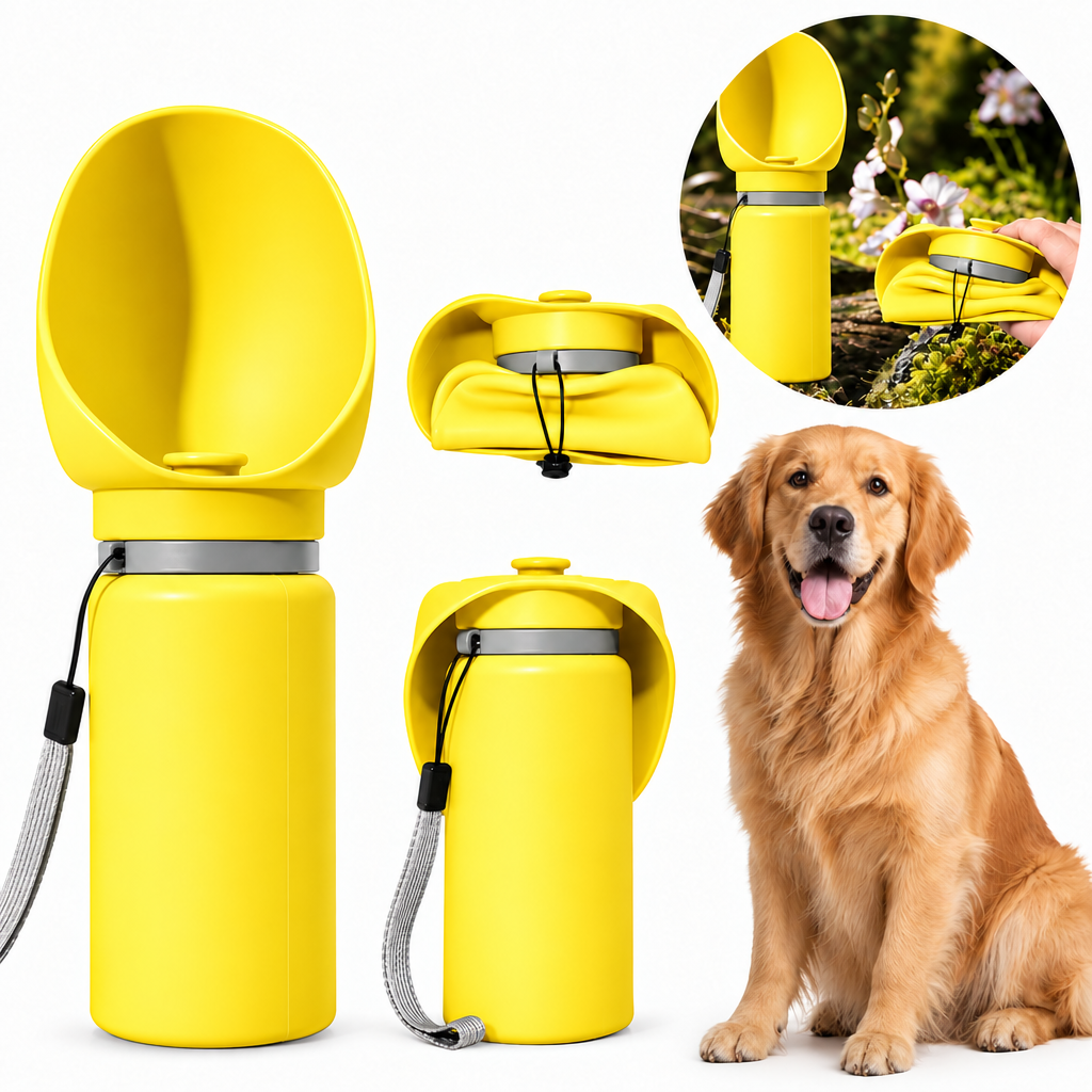 Gourde de voyage pliable jaune en silicone pour chien et chat, avec un golden retriever