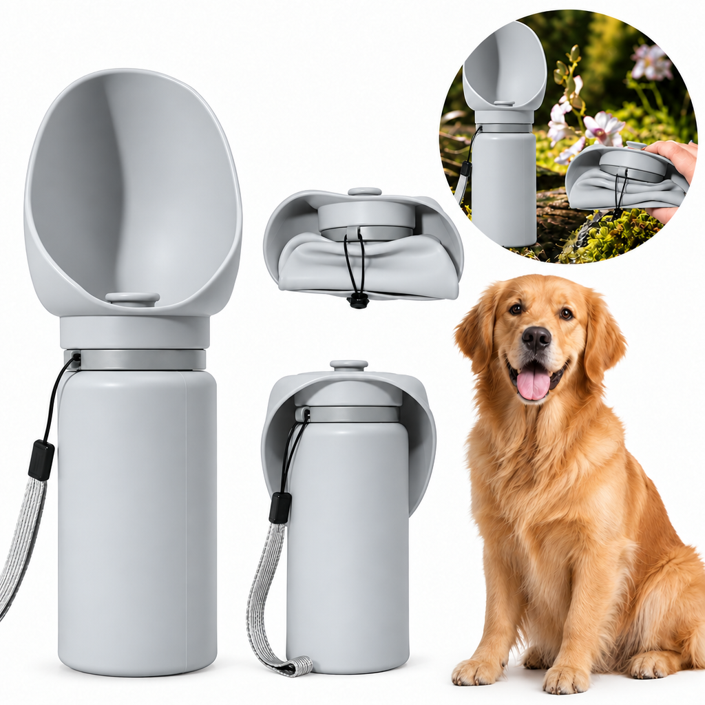 Gourde de voyage pliable grise en silicone pour chien et chat, avec un golden retriever