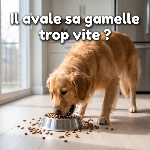Golden retriever qui mange trop vite dans une gamelle classique