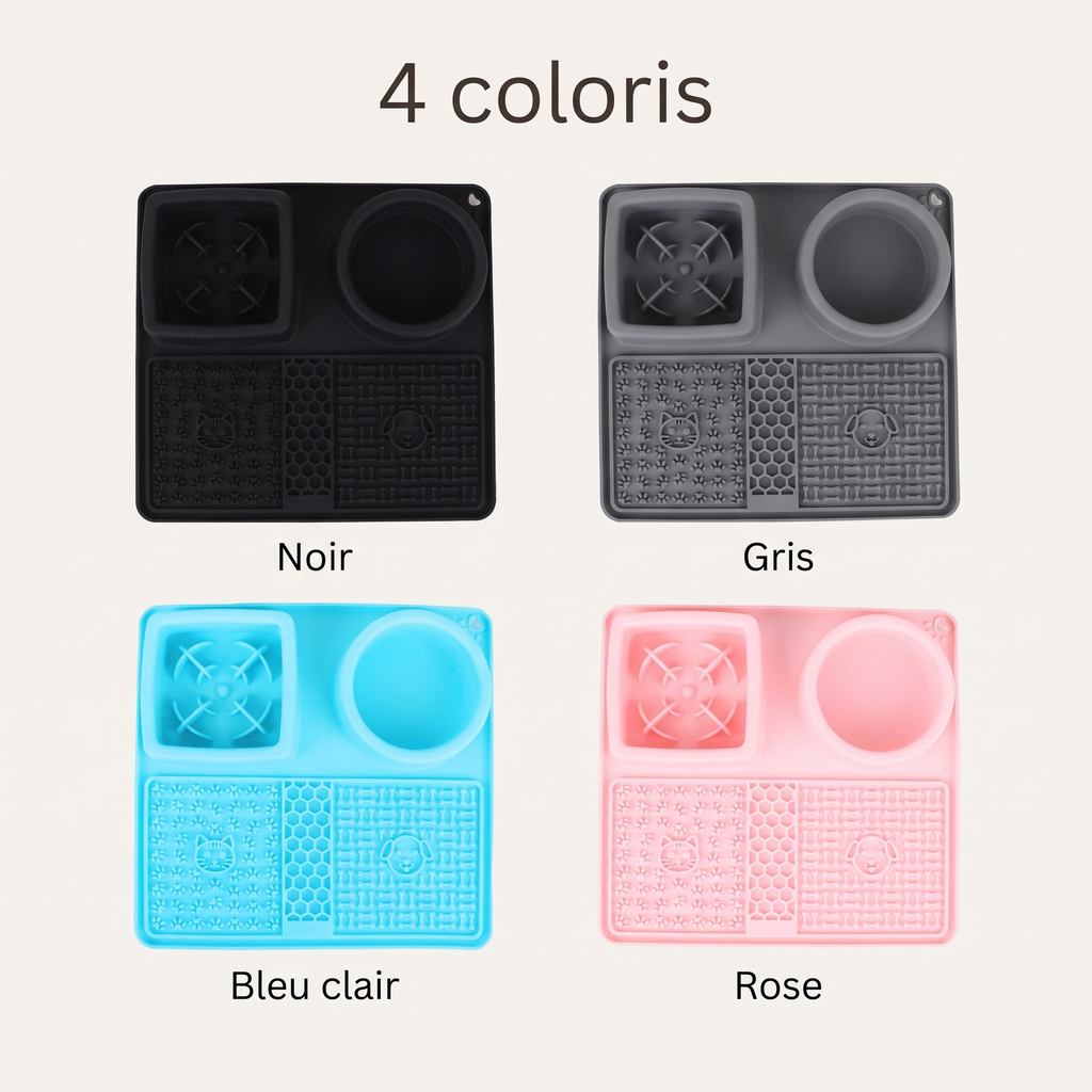 Les 4 coloris de la gamelle 2-en-1 : noir, gris, bleu clair et rose