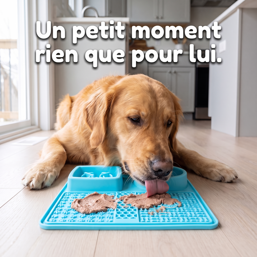 Golden retriever qui lèche de la pâtée sur le tapis à lécher en silicone bleu clair