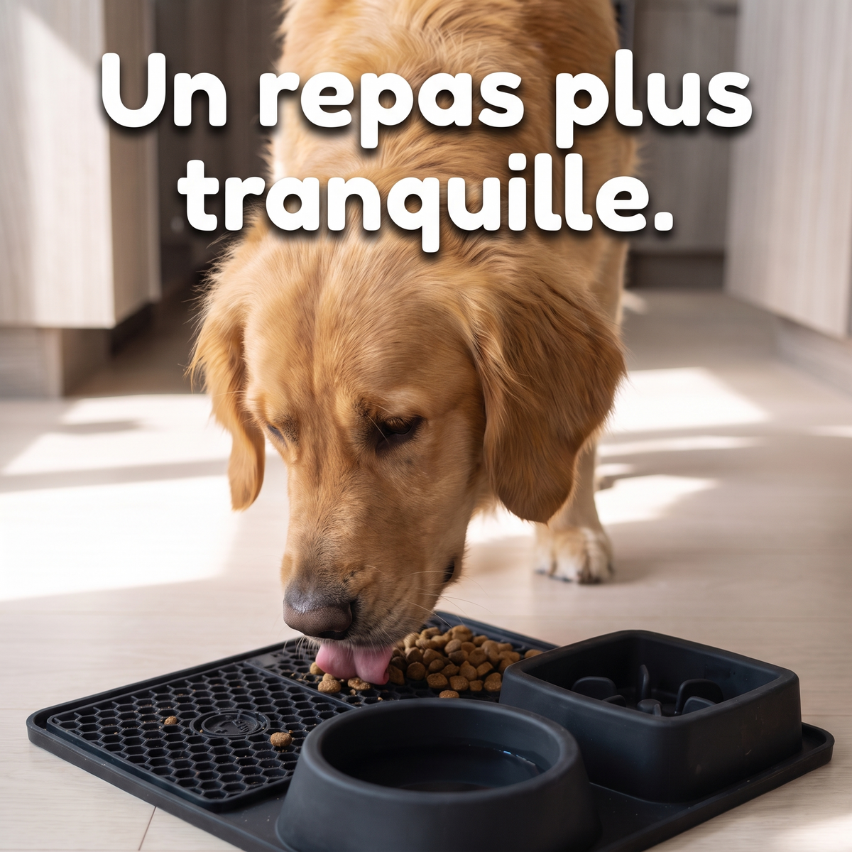 Golden retriever qui mange lentement dans la gamelle 2-en-1 anti-glouton en silicone