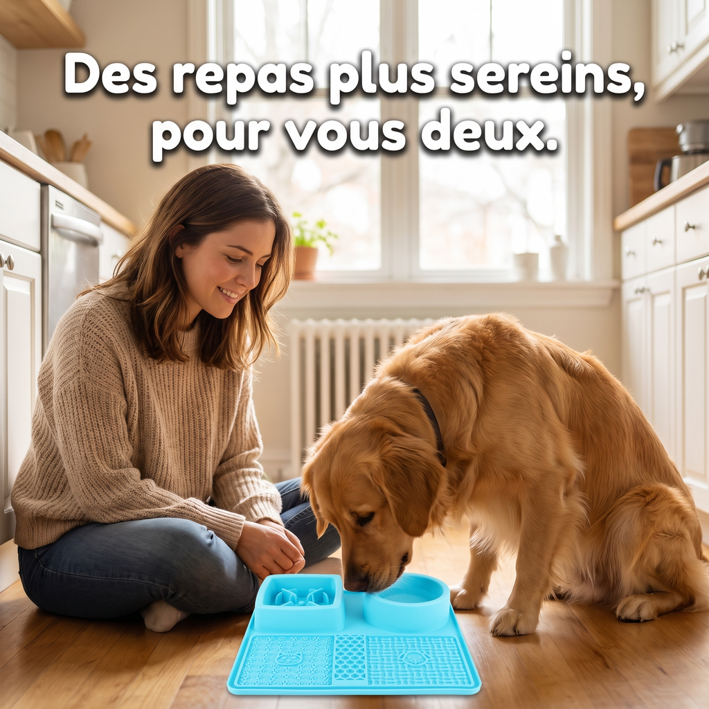 Une propriétaire sourit en regardant son golden retriever manger calmement dans la gamelle 2-en-1 en silicone bleu clair