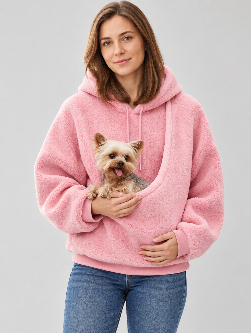 Sweat à capuche porte-animal en peluche rose avec petit chien dans l'ouverture en diagonale