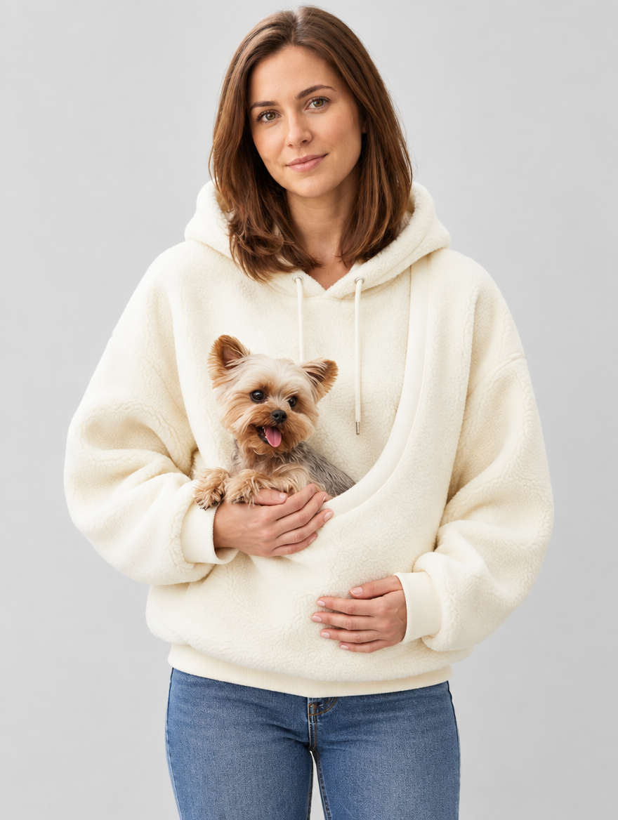 Sweat à capuche porte-animal en peluche blanc laiteux avec petit chien