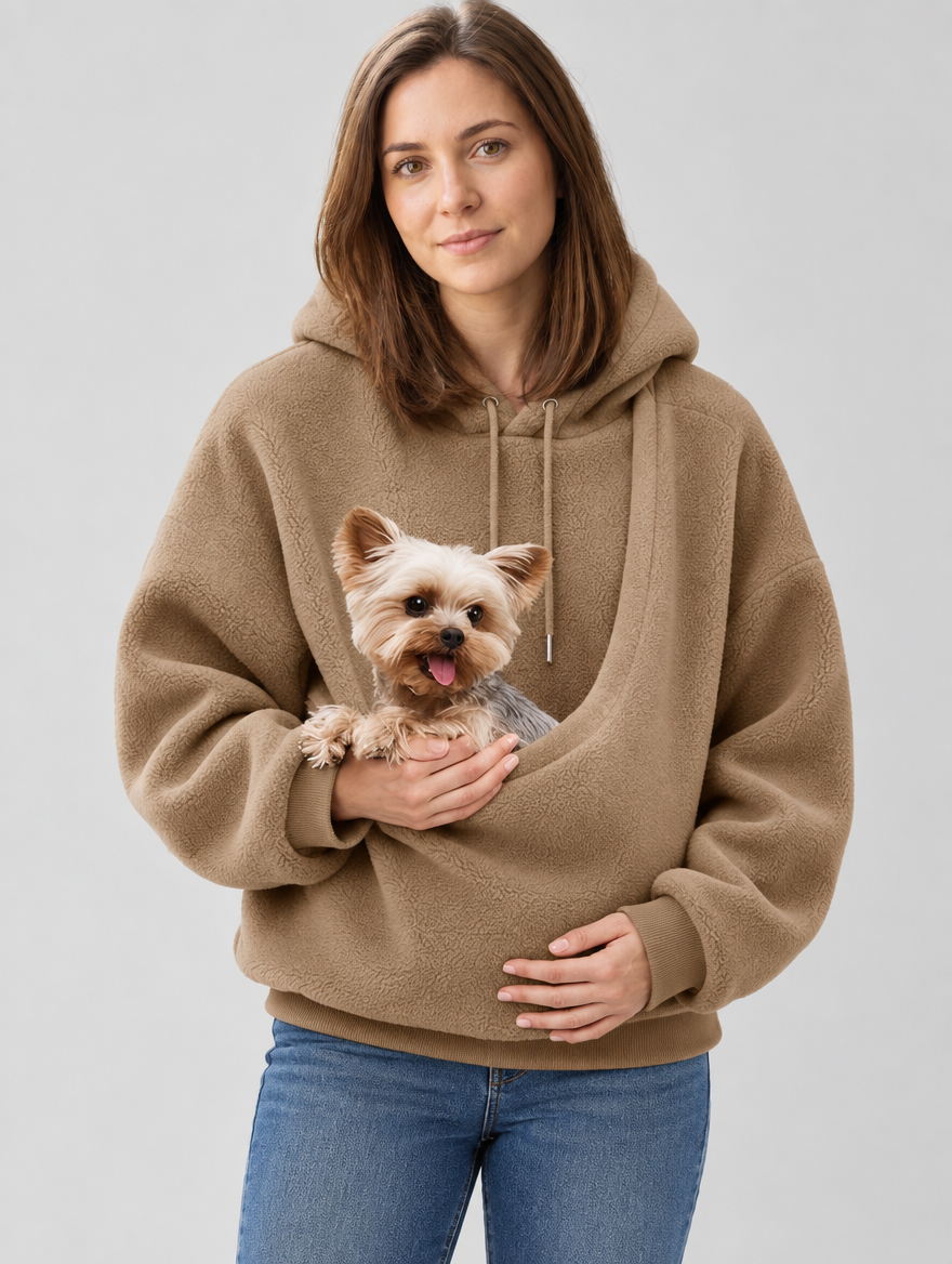 Sweat à capuche porte-animal en peluche marron avec petit chien