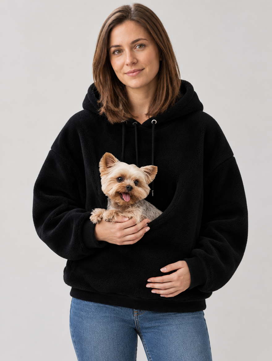 Sweat à capuche porte-animal en peluche noir avec petit chien