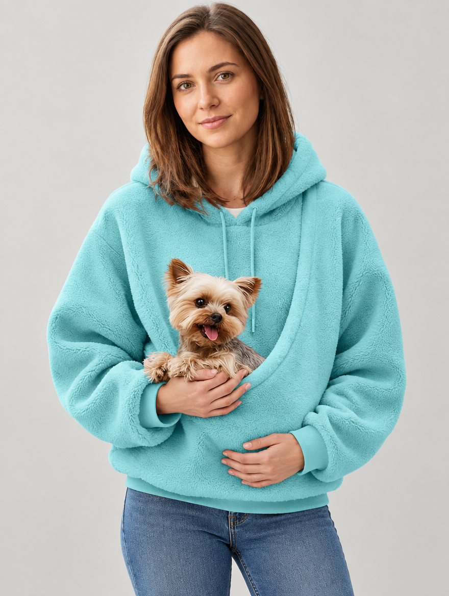 Sweat à capuche porte-animal en peluche bleu ciel avec petit chien