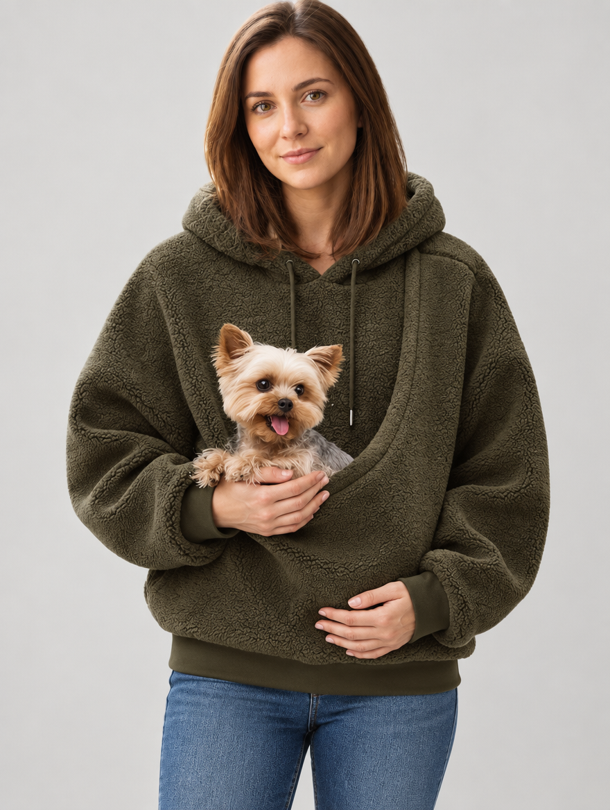 Sweat à capuche porte-animal en peluche kaki avec petit chien