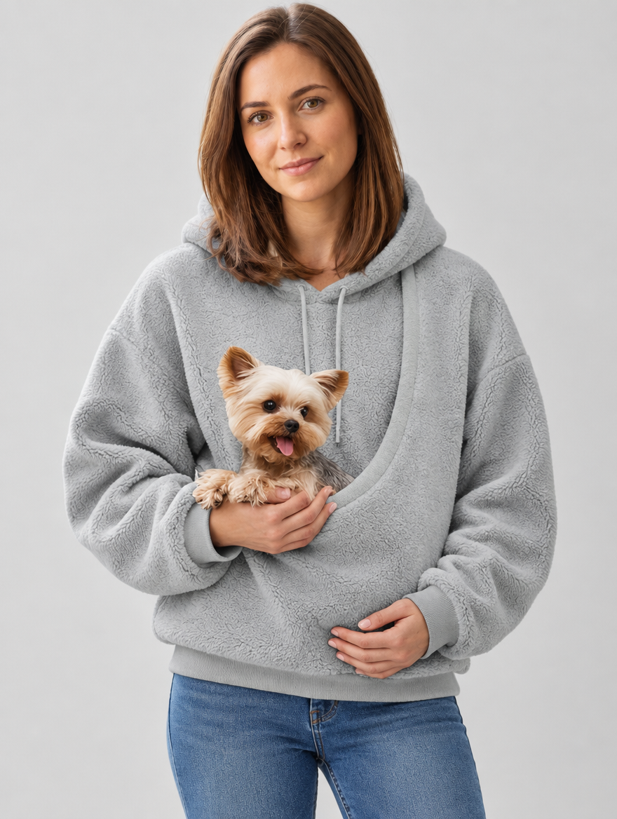 Sweat à capuche porte-animal en peluche gris clair avec petit chien