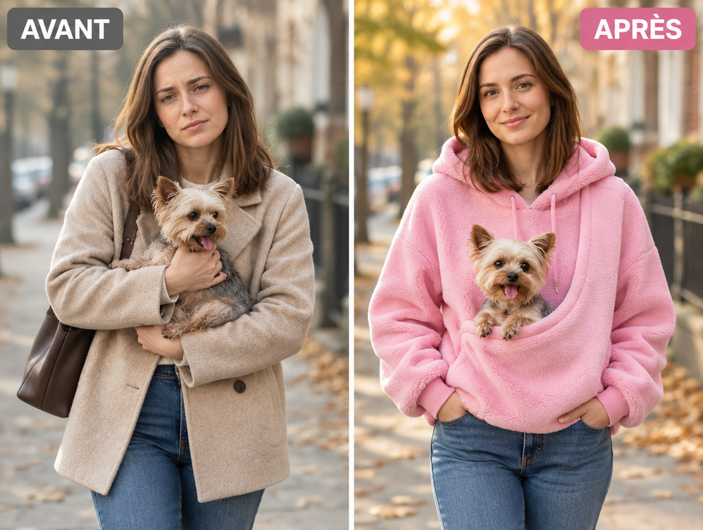 Avant et après : porter son petit chien les mains libres avec le sweat porte-animal
