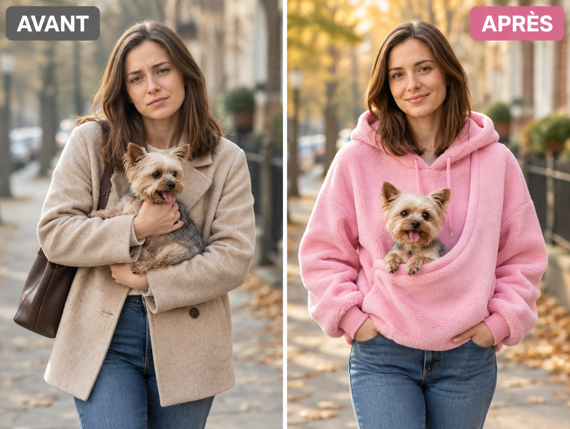 Avant et après : porter son petit chien les mains libres avec le sweat porte-animal
