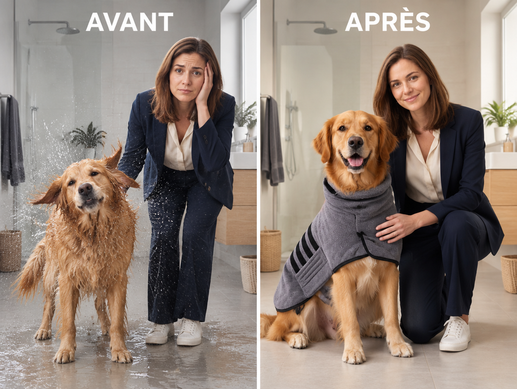 Avant et après : chien trempé puis séché avec le peignoir absorbant