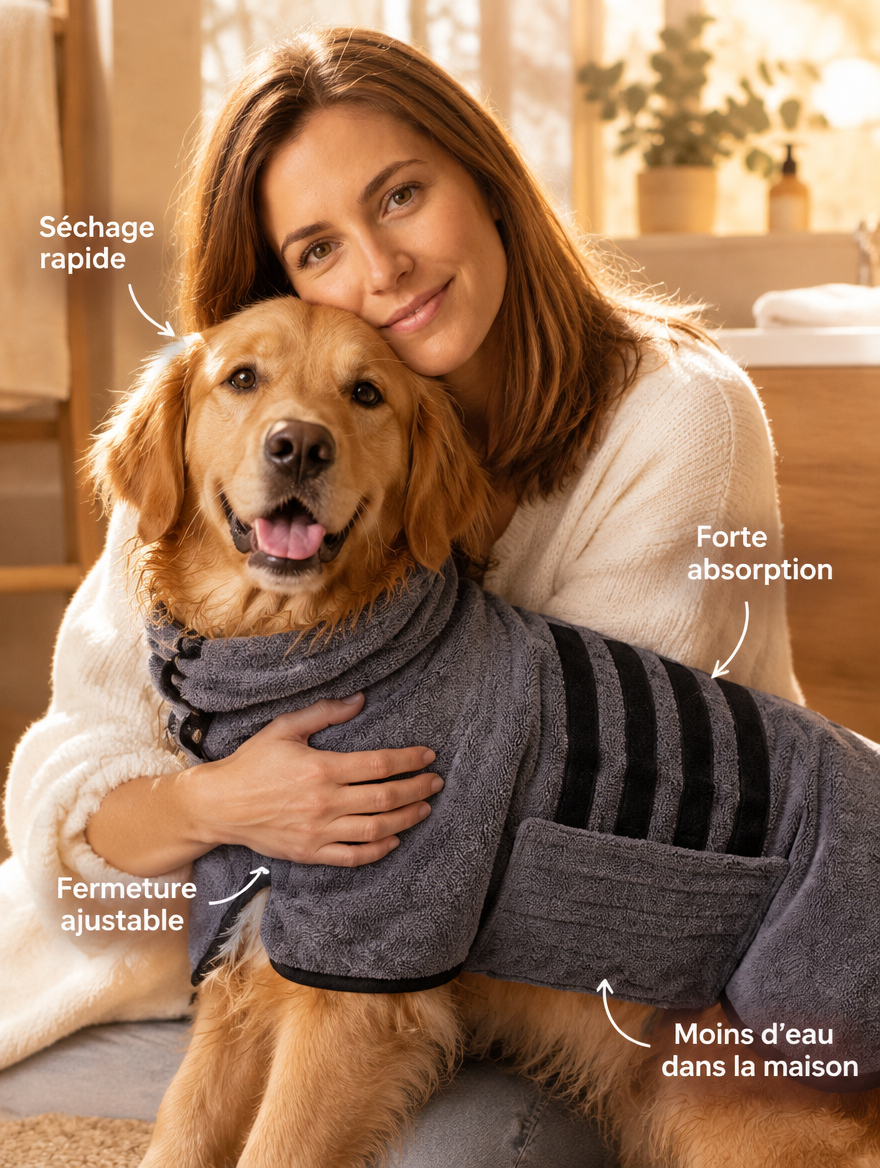 Peignoir absorbant pour chien : séchage rapide, forte absorption et fermeture ajustable