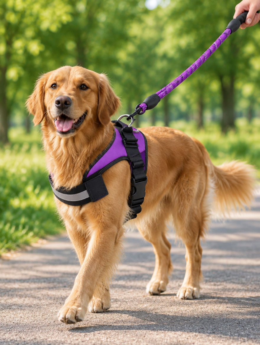 Golden retriever portant le harnais gilet anti-traction avec sa laisse assortie en balade
