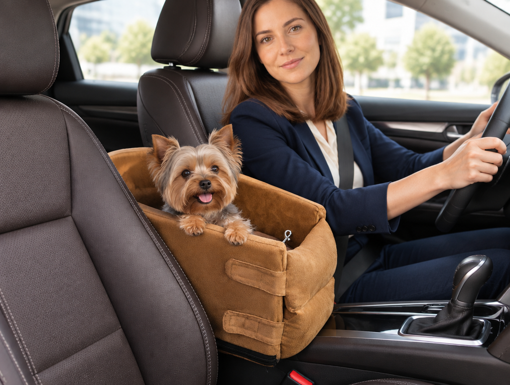 Petit chien installé dans le panier auto entre les sièges avant, avec une conductrice souriante