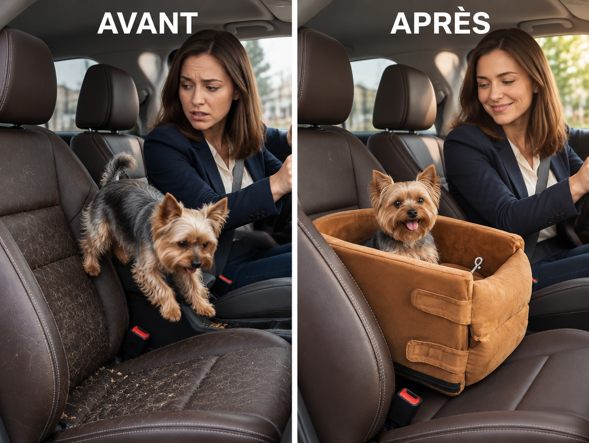 Avant et après : voiture sale puis propre avec le panier auto pour petit chien