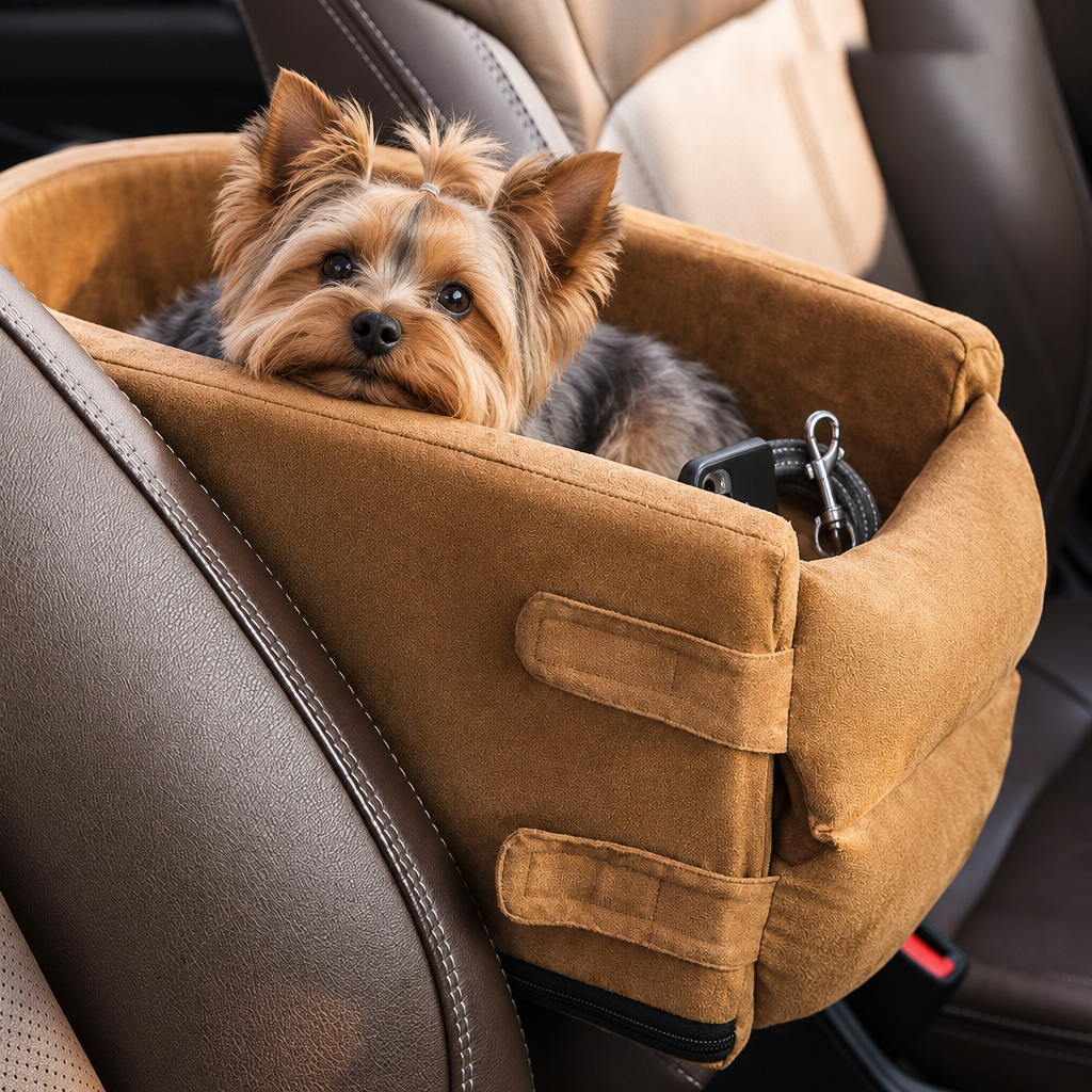 Détail du velours doux et de la poche de rangement du panier auto pour petit chien