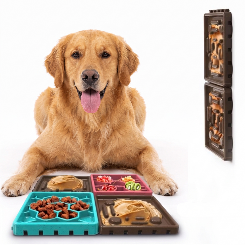 Golden retriever qui mange sur un tapis anti-glouton à 4 plaques – photo 2