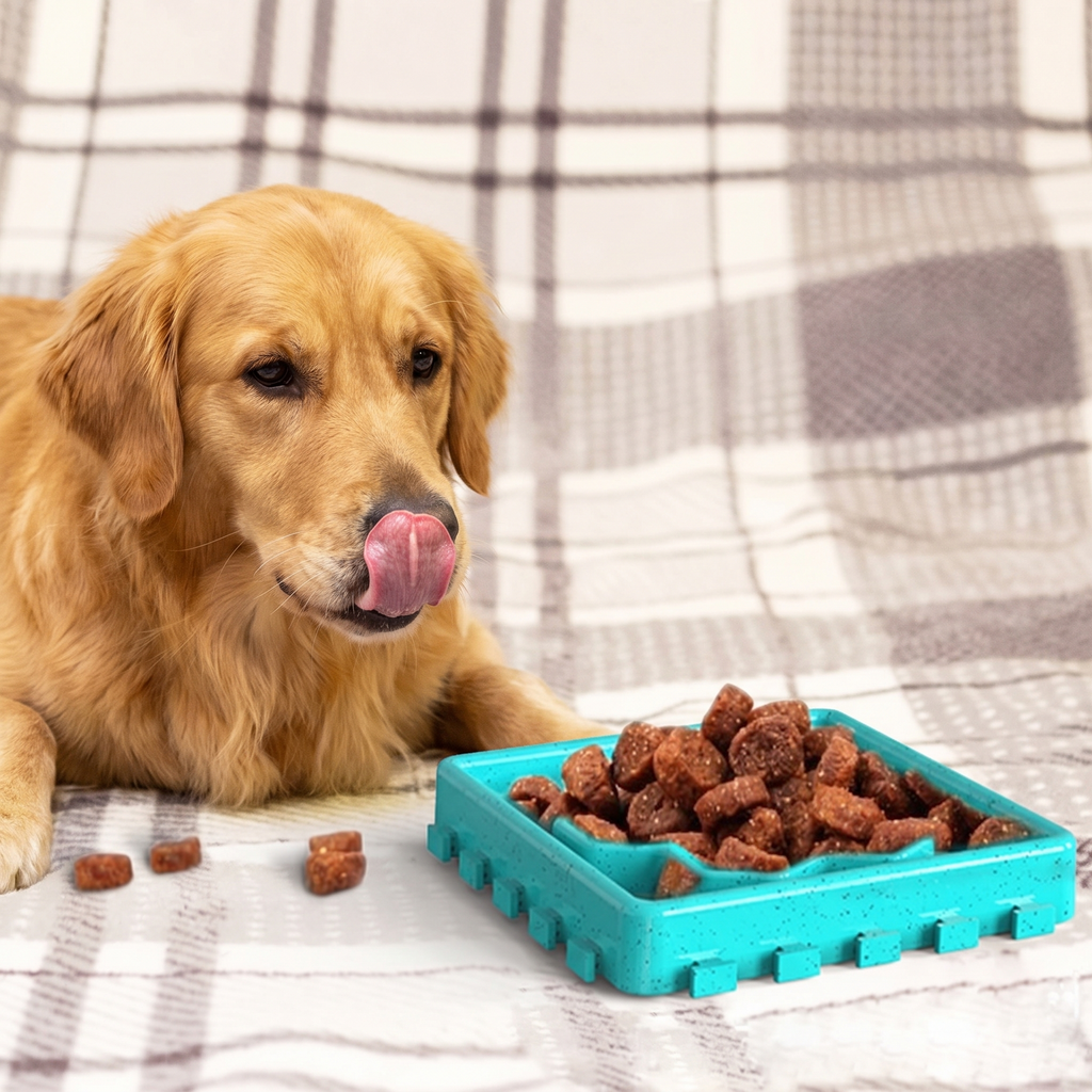 Golden retriever qui mange sur un tapis anti-glouton à 4 plaques – photo 3