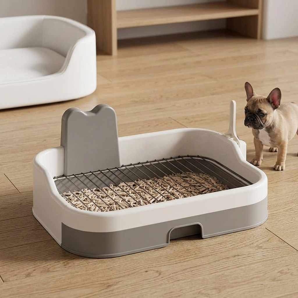 Toilette d'intérieur pour chiot avec grille, coloris gris