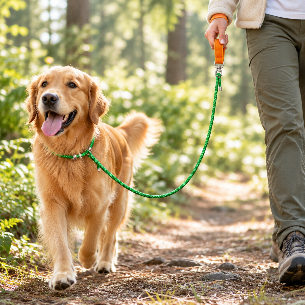 Chien en balade en forêt avec la laisse en P professionnelle