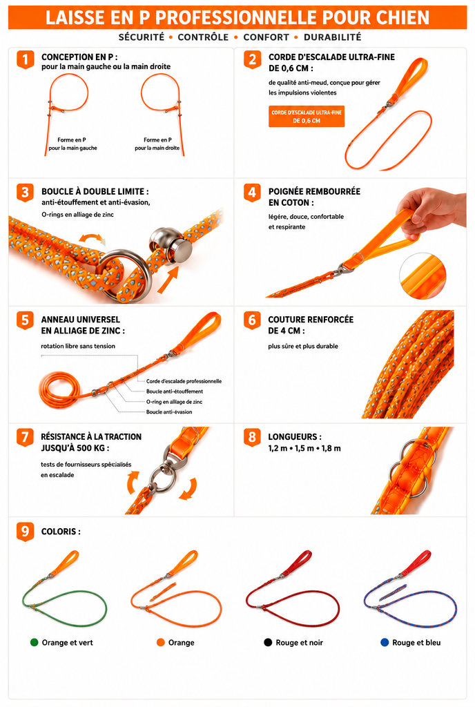 Guide illustré de la laisse en P professionnelle pour chien : corde d'escalade 0,6 cm, boucle anti-étouffement, poignée rembourrée, 4 coloris, 3 longueurs