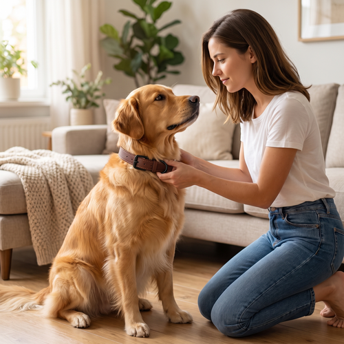 Femme attachant le collier en cuir marron autour du cou d'un golden retriever
