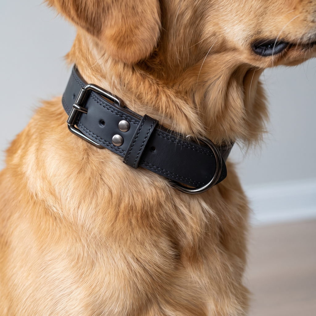Gros plan sur la boucle métallique et les coutures d'un collier en cuir noir