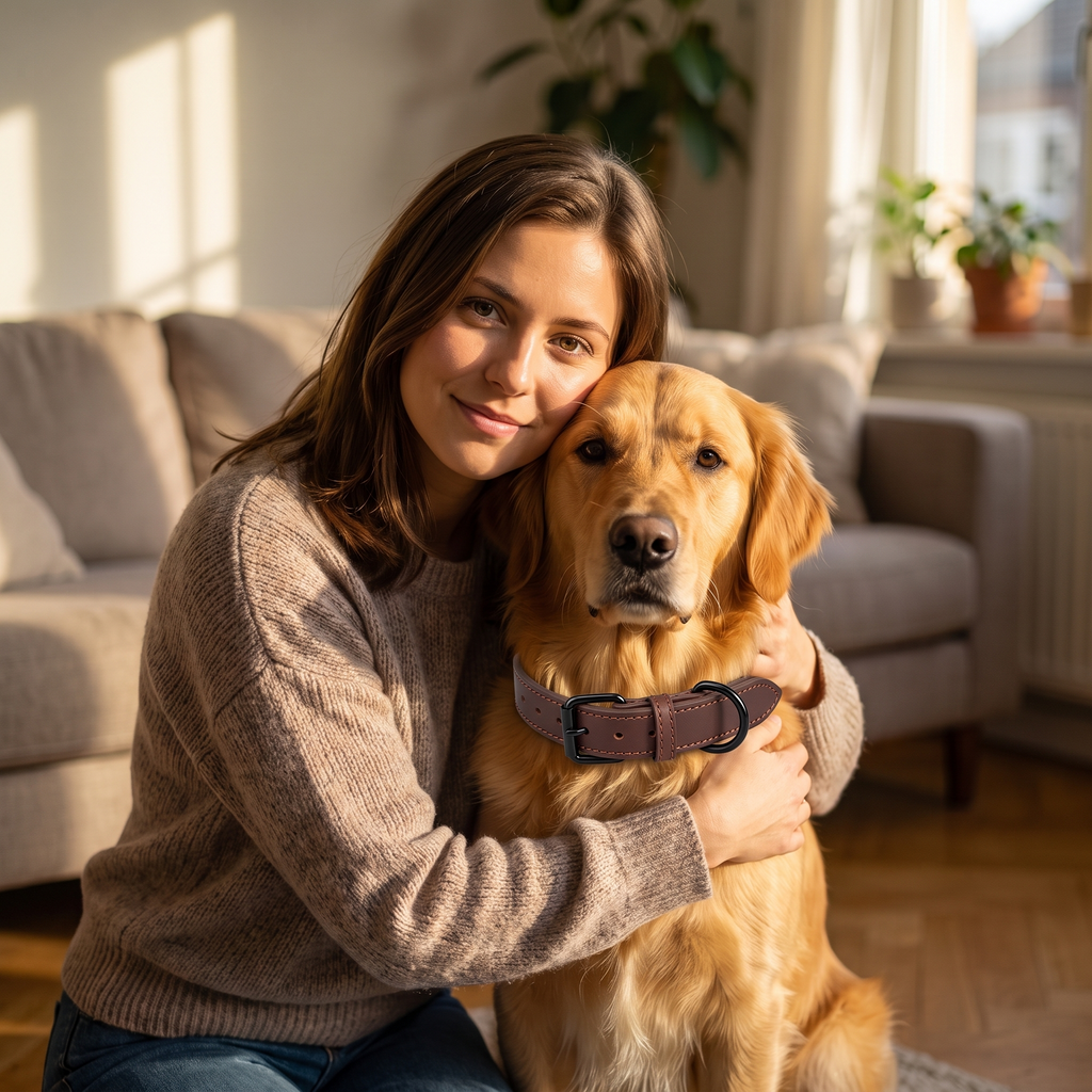 Femme serrant dans ses bras un golden retriever portant un collier en cuir marron