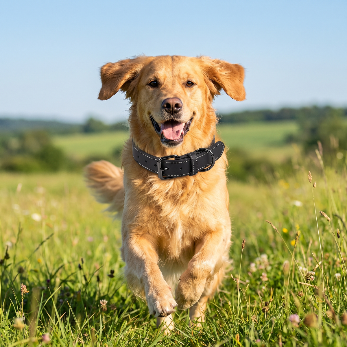 Golden retriever courant dans l'herbe avec un collier en cuir noir