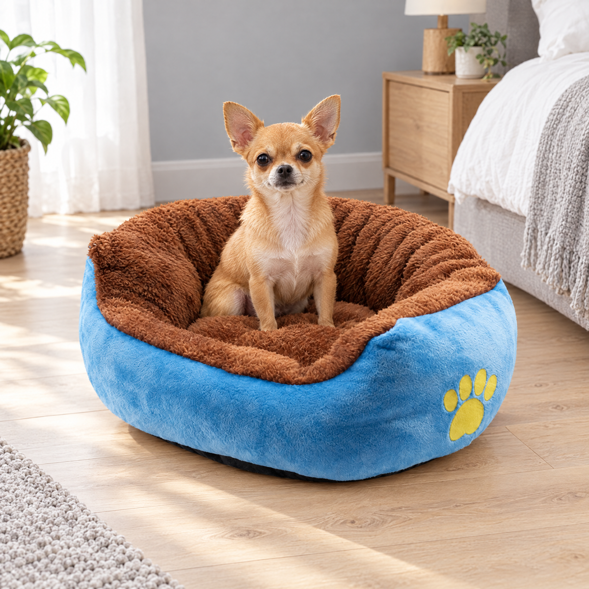 Panier en peluche bleu pour chien et chat avec un petit chien assis dedans