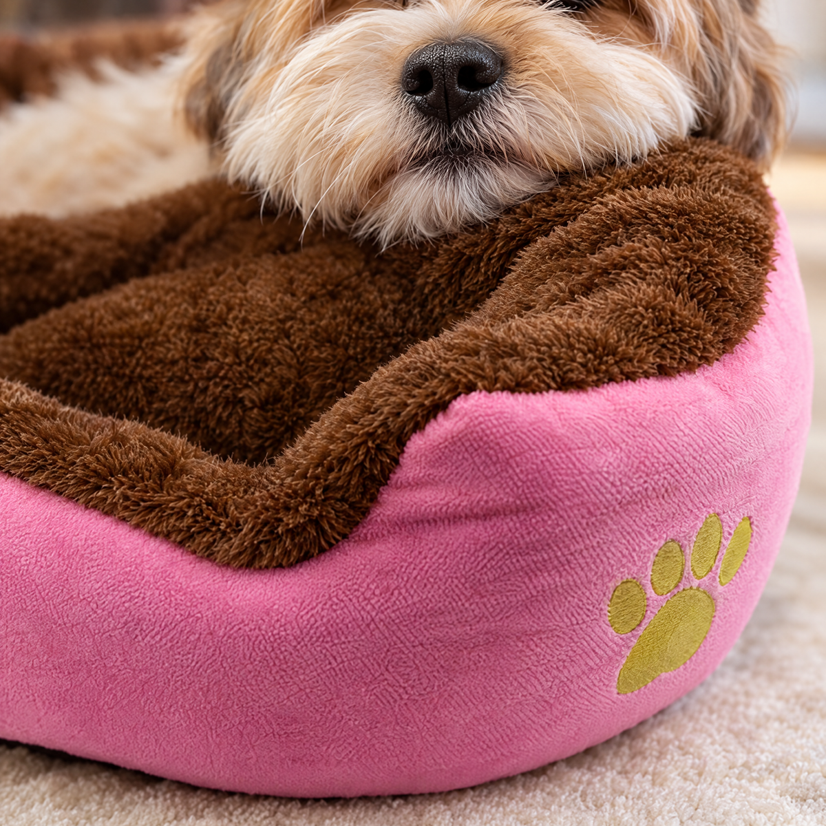 Gros plan sur l'empreinte de patte et la peluche marron du panier en peluche rose