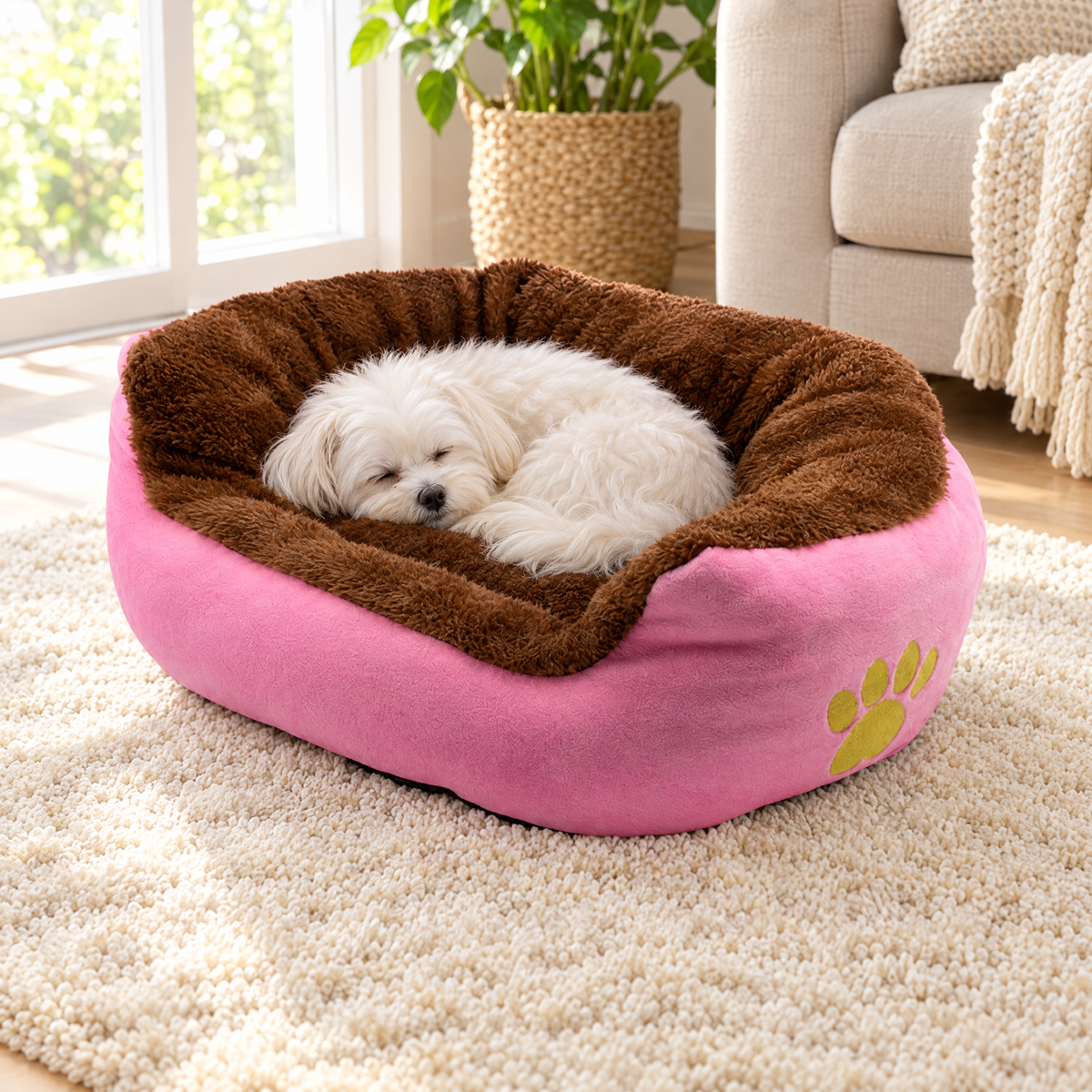 Panier en peluche rose pour chien et chat avec un petit chien endormi dedans