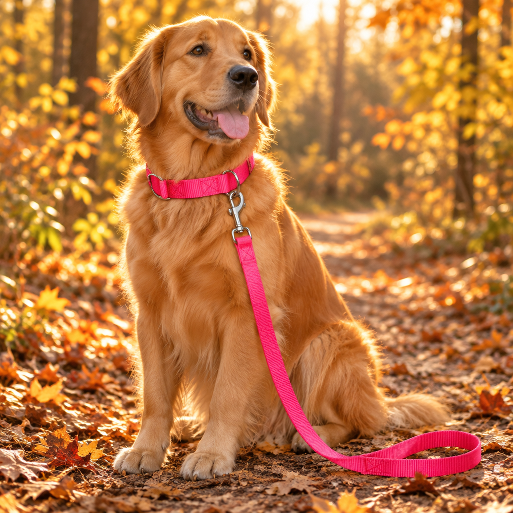 Golden retriever assis en forêt avec le collier ajustable en nylon