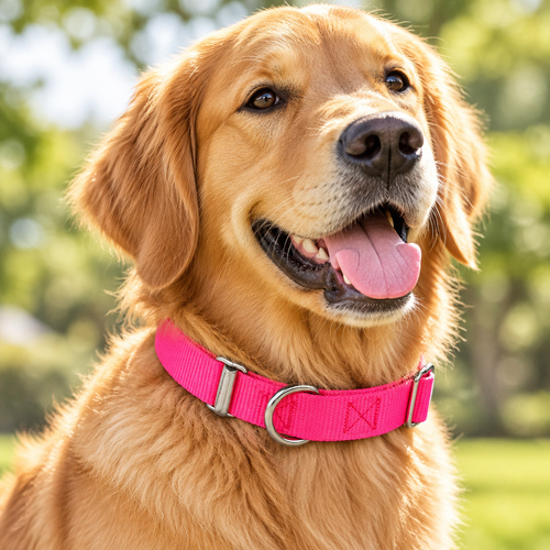 Portrait d'un golden retriever portant le collier en nylon avec poignée