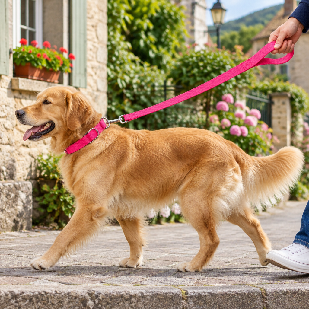 Golden retriever en balade avec le collier en nylon et sa poignée