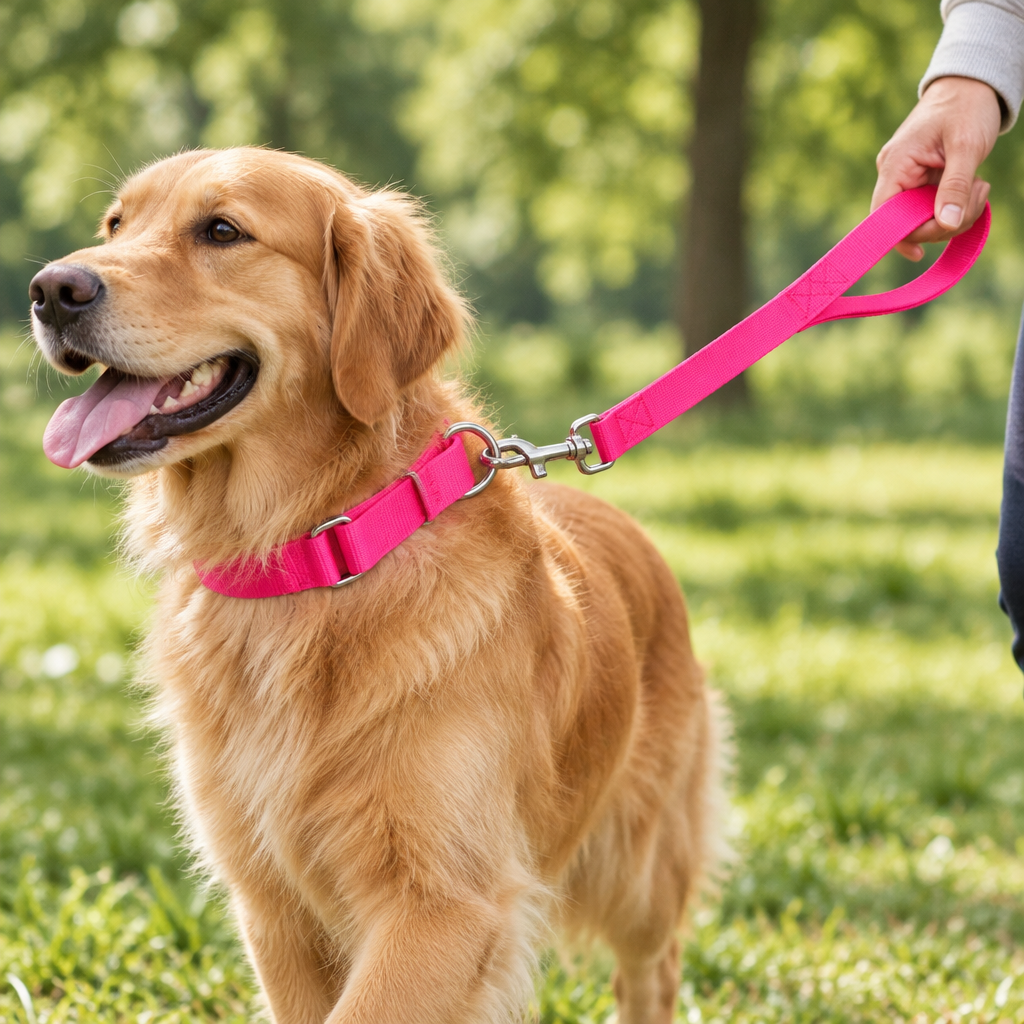 Golden retriever en promenade avec le collier anti-fugue en nylon