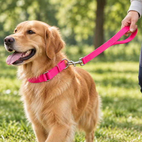 Golden retriever en promenade avec le collier anti-fugue en nylon