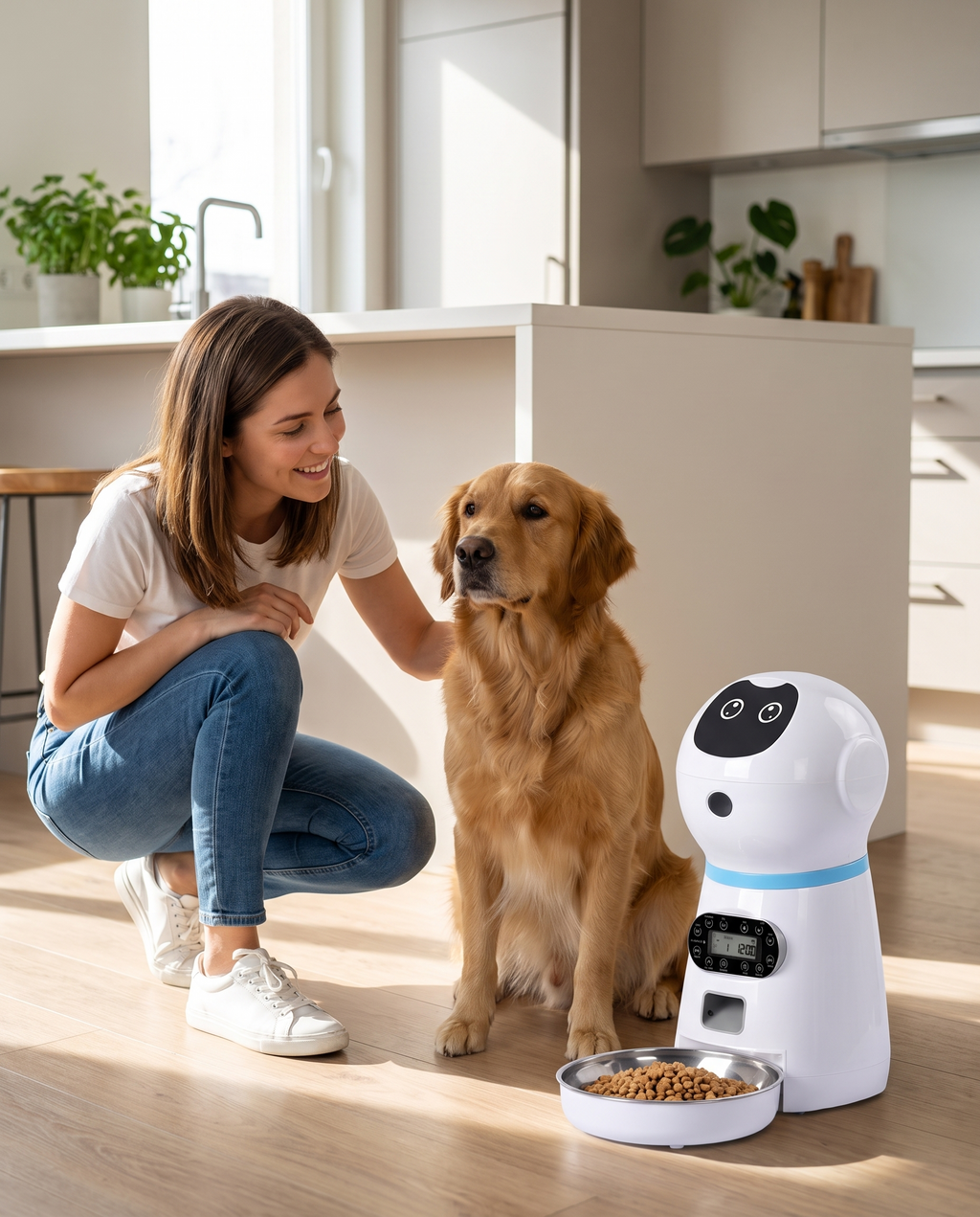 Distributeur automatique de croquettes avec un golden retriever dans une cuisine