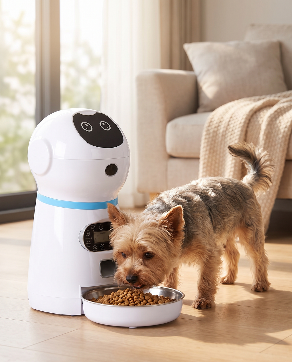 Distributeur automatique de croquettes avec un petit chien