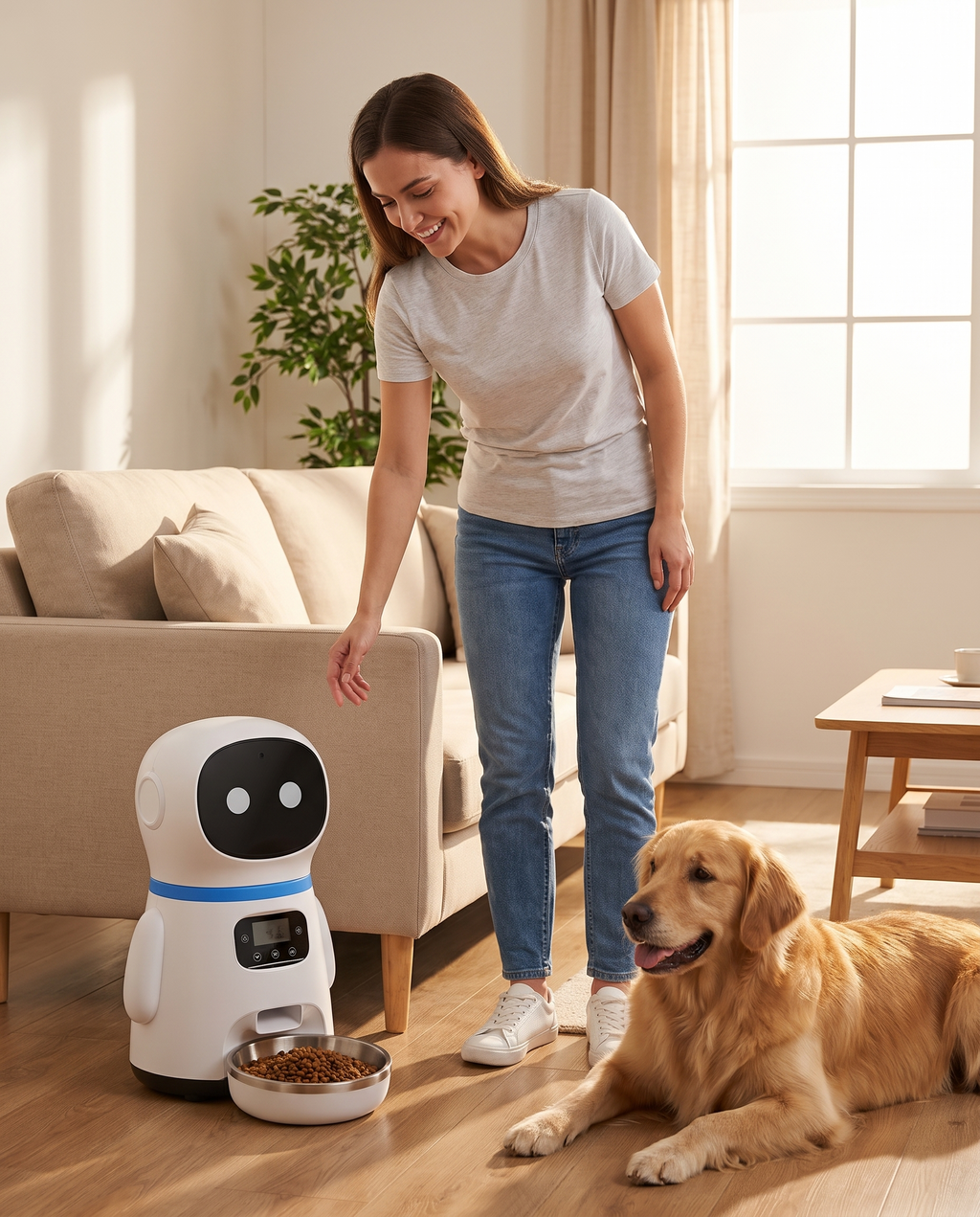 Distributeur automatique de croquettes avec un golden retriever dans un salon