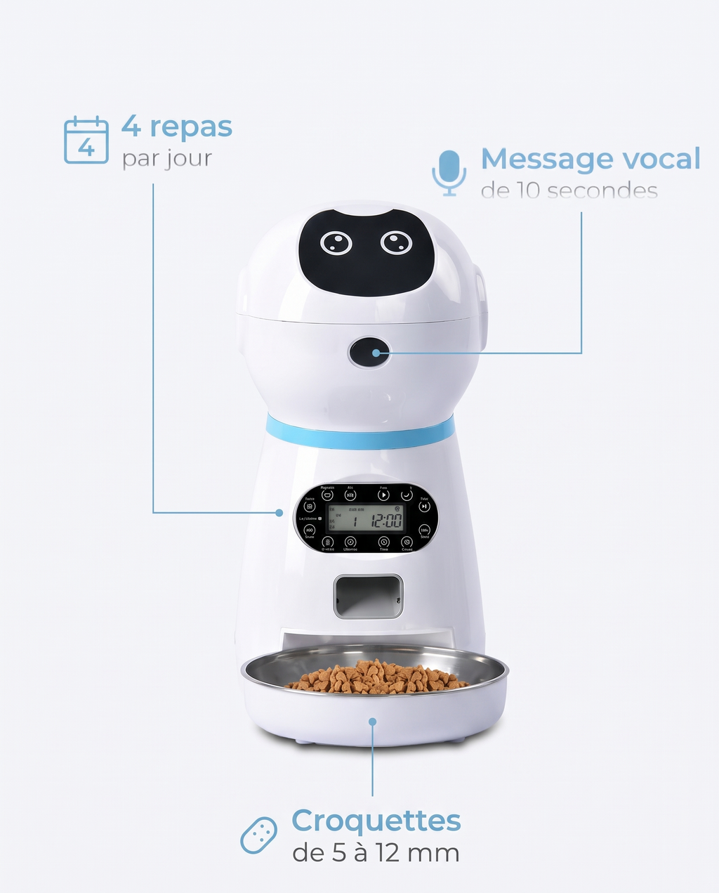 Distributeur automatique de croquettes : 4 repas par jour, message vocal de 10 secondes, croquettes de 5 à 12 mm