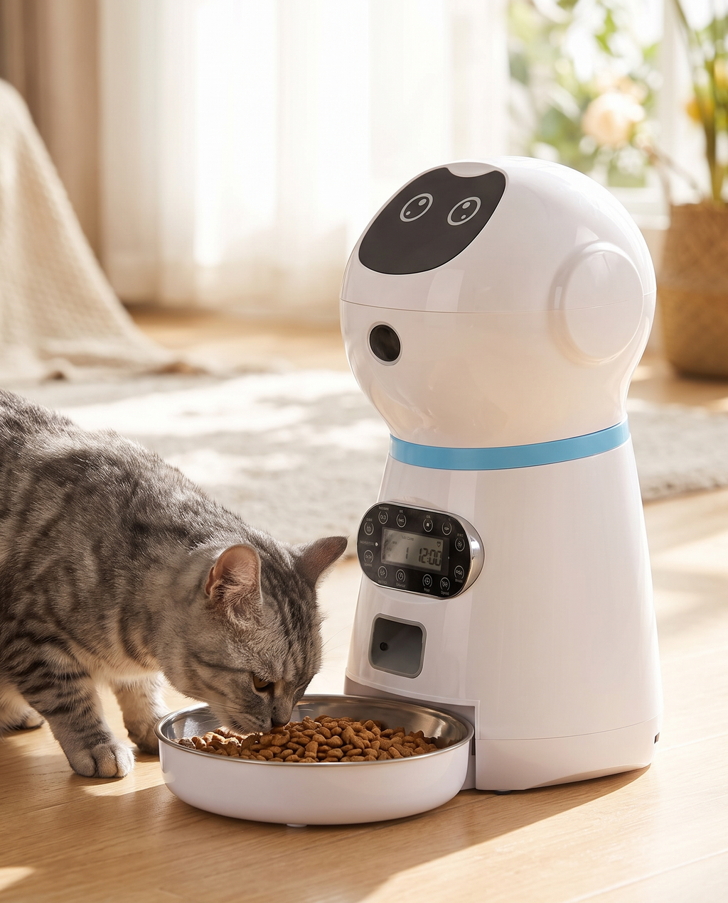 Distributeur automatique de croquettes avec un chat