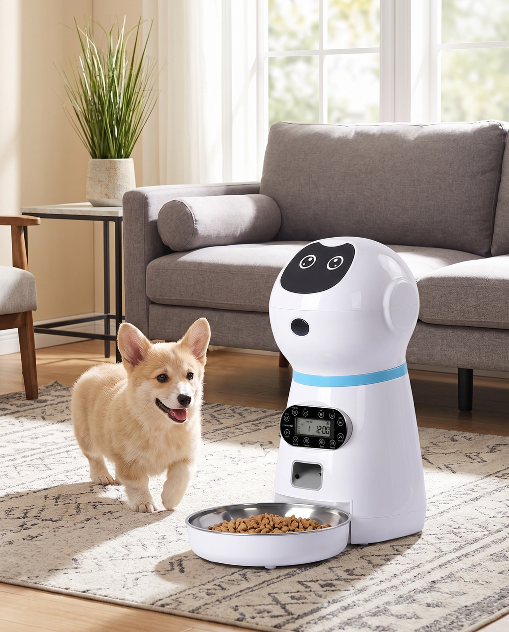 Distributeur automatique de croquettes avec un petit chien beige